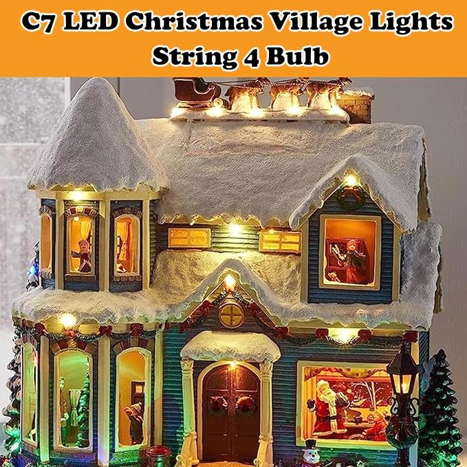 Accessory Cord with 4 LED Bulb and Female Plug,C7 Christmas Village String Light 7.8FT White Cord with Spare Fuse for Halloween Pumpkins Christmas Village Houses and Craft Decoration(2PCS)