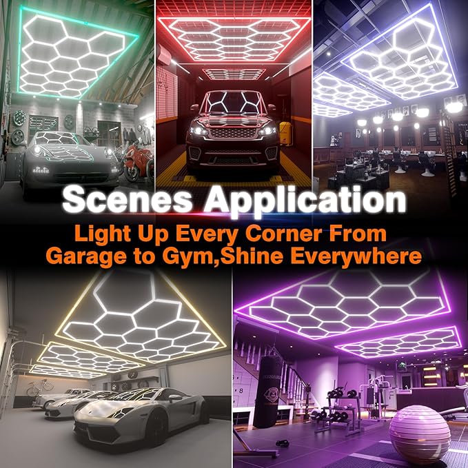 Hexagon Garage Lights, 14 Grids Hexagon LED Lights with Rectangle Frame, 603W 6500K Super Bright Honeycomb Light for Warehouse, Car Detailing Shop, Exhibition Hall, Gym(Purple)