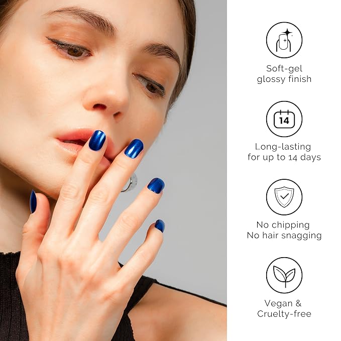 NAILOG Semi Cured Gel Nail Strips (20 Extra Long Stickers/Wraps) | Buy 2 Get 1 UV Lamp| Glossy & Long Lasting Soft Gel Finishing | Sapphire Blue