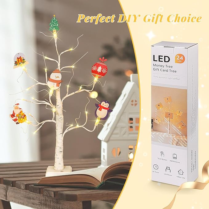 Woohaha 2FT Money Tree Gift Holder,24LED Lighted Birch Tree Table Centerpiece,Gift Card Tree Battery/USB Powered with 6 Clips and 6 Greeting Cards for Easter Decor,Party,Wedding,Birthday,Graduation