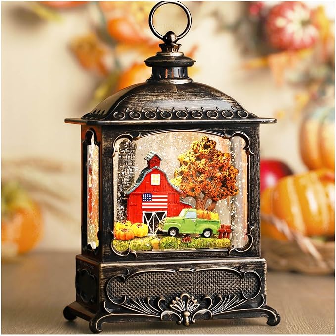 Fall Snow Globe Lantern Fall Decorations for Home Thanksgiving Autumn Harvest Fall Decor Swirling Glitter Snow Globes Barn Truck Pumpkin Farm Timer Music