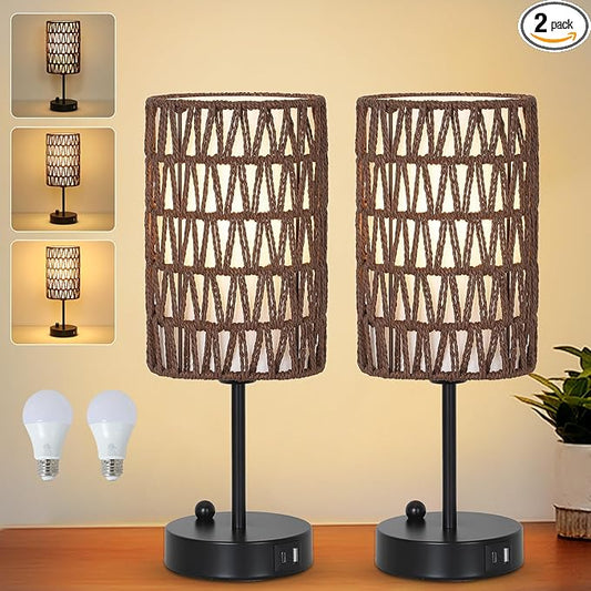 Bedside Lamps Set of 2, Touch Control Night Stand Lamp for Bedroom with Rattan & Linen Shade & Bulbs, 3 Way Dimmable Small Boho Table Lamps with USB Charging Port & Phone Stand (Coffee Color)