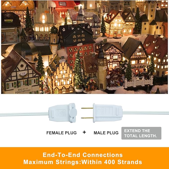 2-Pack Accessory Cord with 2 C7 LED Night Light Bulb, Candelabra-Base E12 Socket White Cord with On/Off Switch Plugs, for Holiday Decorations, Christmas Village House, Pumpkin Lights