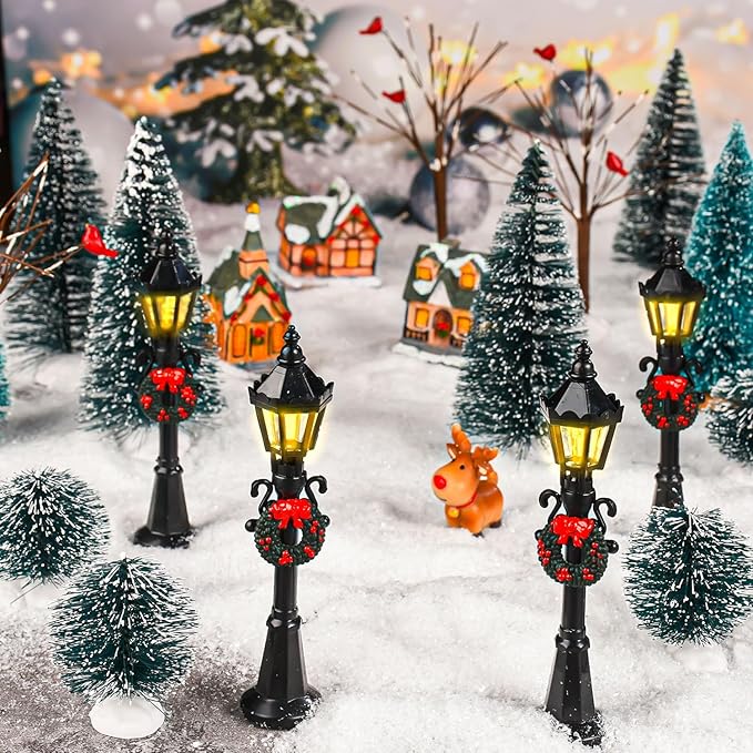 32 PCS Christmas Figurine Village Accessories, Mini Street Light Models with Brush Trees, Miniature Christmas Pathway Street Lamps Lantern Post for DIY Micro Landscape Fairy Garden
