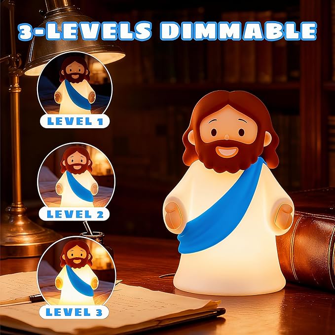 Little Jesus Night Light Mini Jesus Silicone Lamp Dimmable Nursery Nightlight for Kids Rechargeable Bedside Touch Lamp Perfect for Christmas, Easter and Baptism Gifts (Blue)