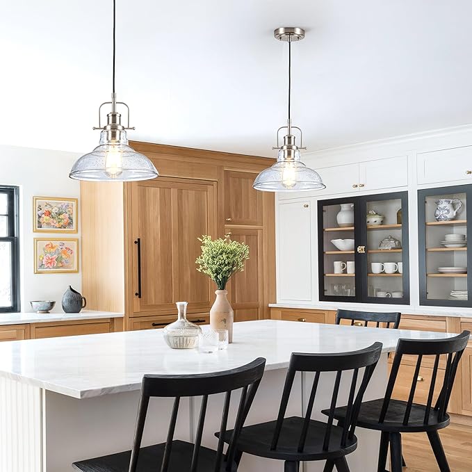 Modern Glass Pendant Light，Farmhouse Industrial Light Fixture with Adjustable Cord, Seeded Glass Shade, Hanging Lights for Kitchen Island,Hallway, Dinning Room