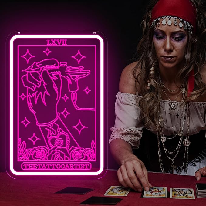 The Tattoo Artist Neon Sign – 15.75″ × 11″ Tattoo Tarot Card Wall Decor – Gift for Tattoo Artist – Tattoo Shop Wall Art – Bold Tattoo Studio Decor