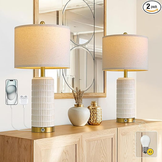 PoKat Touch Bedside Table Lamps with USB Ports for Bedroom, 25'' Dimmable Nightstand Touch Lamps for Living Room, Modern Ceramic Lamps for Night Stands Bedroom, Office, Nursery, White and Beige