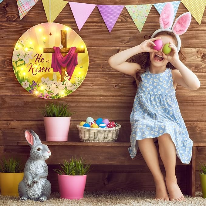 Geelin 11 Inch Easter Window Light He is Risen Decorations Spring Christian Jesus Cross Religious Sign LED Happy Easter Party Supplies for Indoor and Outdoor Farmhouse Wall Decor (Cross)
