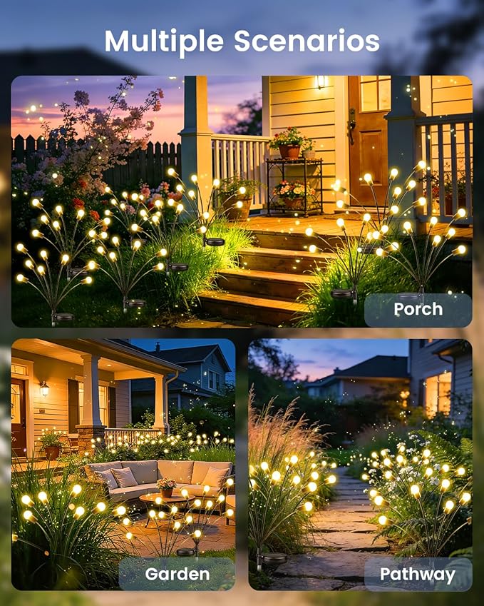 OZS 12 Pack Total 96 LED Solar Garden Lights Fairy Outdoor - Solar Firefly Lights Outdoor, Sway by Wind, Waterproof for Garden Patio Pathway Fairy Decoration (Warm White)