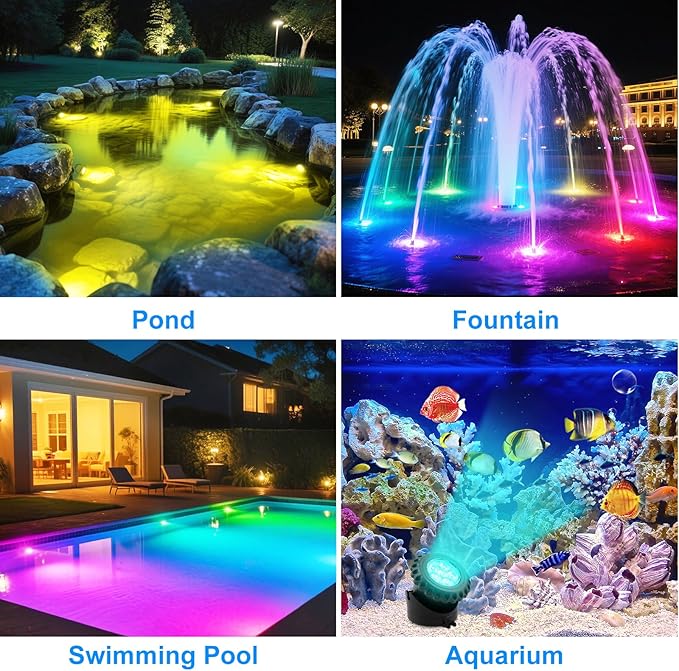 T-SUN Solar Pond Lights, 2 Headlamp RGB LED Spotlights, Underwater Submersible Fountain Lights Solar Fish Tank Light for Garden Fountain, Pond, Pool Decoration