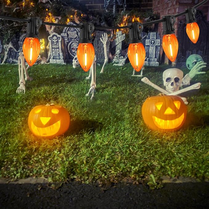 12FT Orange Halloween Lights Outdoor, C7 LED String Lights Plug in with Black Wire for Patio, Porch Railing, Walkway, Party Backdrop Decor