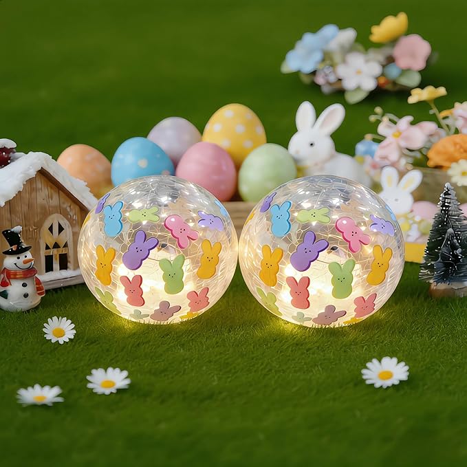 2 Pcs Easter Lighted Glass Ball Decorations - 3.9inch Easter Bunny Crackle Pattern LED Lights Eggs with Timer, Light Up Egg Lamp Table Easters Decor Decorative Snow Globe for Holiday Garden Party Gift