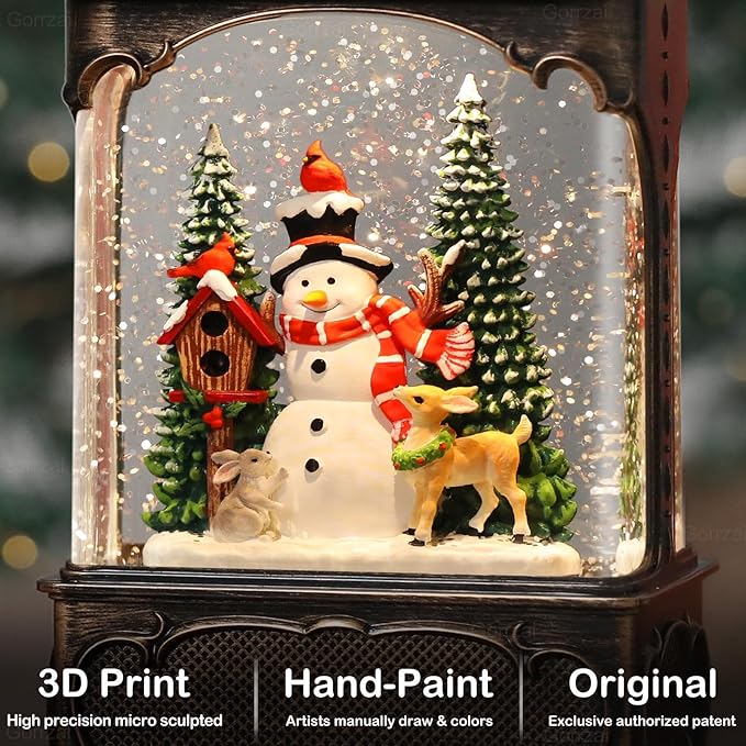 Christmas Snow Globes Snowman Snow Globe Lantern, Lighted Christmas Decorations Indoor with Music Timer Swirling Glitter, Light Up Deer Cardinal Rabbit Musical Decor, USB or Battery Operated