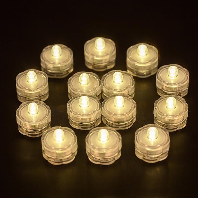 Submersible LED Lights, Waterproof Wedding Underwater LED Tea Lights Candles for Centerpieces/Party/Christmas Set of 24, Warm White
