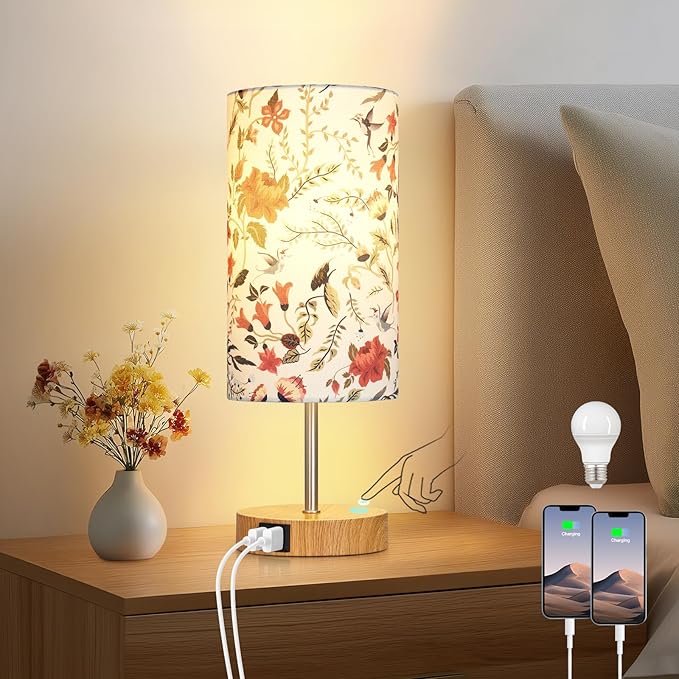 Bedside Touch Lamp with Flower Fabric Shade, 3 Way Dimmable Wood Bedroom Lamp for Nightstand with 2 USB Charging Ports, Small Table Lamp for Living Room Reading Desk (LED Bulb Included)