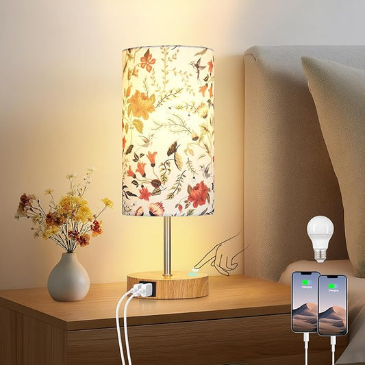 Bedside Touch Lamp with Flower Fabric Shade, 3 Way Dimmable Wood Bedroom Lamp for Nightstand with 2 USB Charging Ports, Small Table Lamp for Living Room Reading Desk (LED Bulb Included)