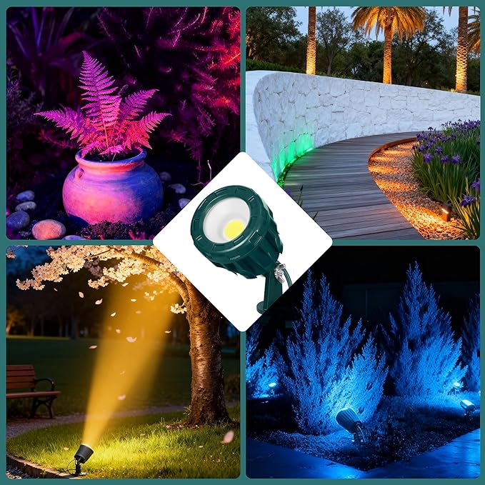 120V Spotlight Outdoor Halloween, 10W LED Spot Light with 4 Extra Lenses (Red Green Blue Yellow), Waterproof Landscape Spotlights for Christmas, Holiday, 5FT Extension Cord