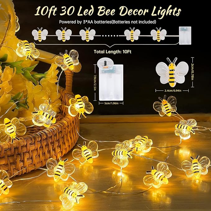 Bee Decor String Lights 10Ft 30 LEDs Battery Operated Bee Bumble Whimsical Decorations Spring Decor Honey Gifts for DIY, Home, Classroom, Birthday, Kids Room, Garden, Wedding, Party