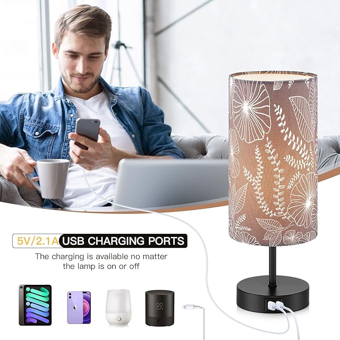 Touch Control Bedside Lamp with 2 USB Ports, 3-Way Dimmable Table lamp for Bedroom, Nightstand Lamp with Round Grey Fabric Shade for Living Room Home Office (E26 LED Bulb Included)
