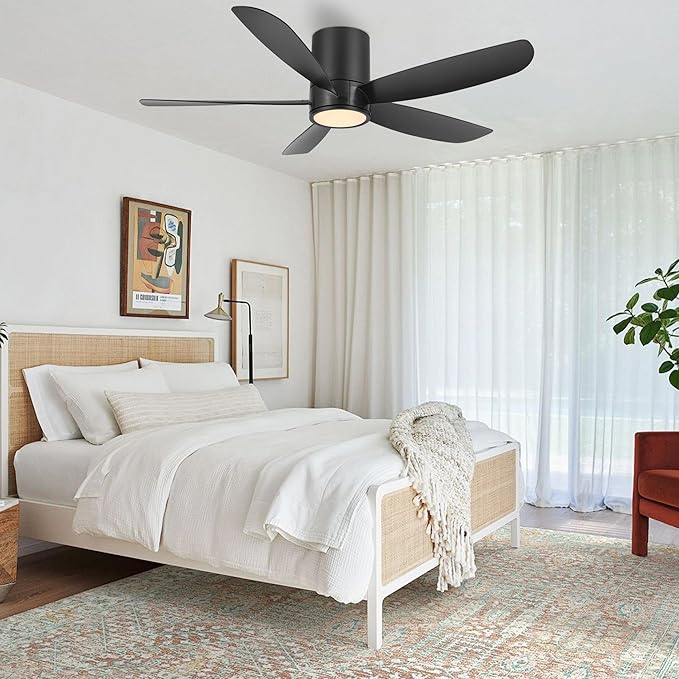 52" Outdoor Ceiling Fan with Light and Remote, ABS Blades, Low Profile Flush Mount Ceiling Fan, Dimmable LED light, Noiseless Reversible DC Motor Black