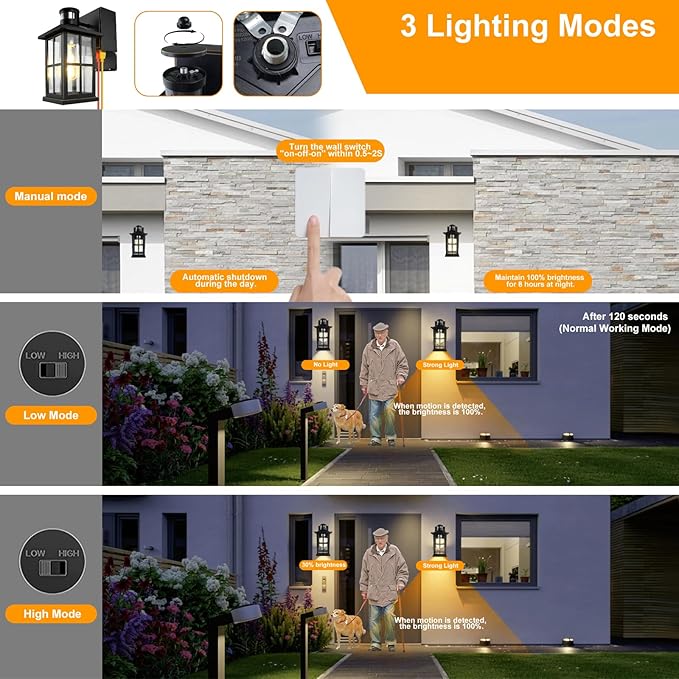 Motion Sensor Porch Lights with GFCI Outlet, Outside Dusk to Dawn Wall Mount, 3 Lighting Modes Exterior Light Fixture Waterproof, Outside Wall Lamp for House Patio Garage.(Black,1 Pack)