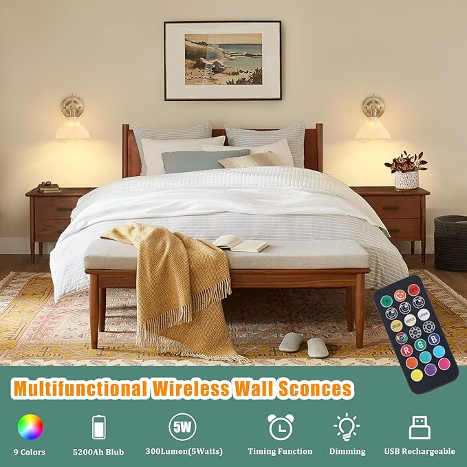 Battery Operated Wall Sconce, Vintage Rechargeable Wall Lights with White Lily Glass Shade, Wireless Indoor Wall Lamp for Bedroom Living Room Bathroom Hallway