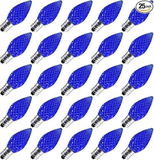 25 Pack C7 Led Replacement Christmas Light Bulb, C7 Shatterproof Led Bulbs for Christmas String Lights, E12 Candelabra Base, Commercial Grade Dimmable Holiday Bulbs, Blue