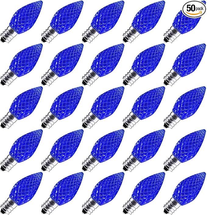 50 Pack C7 Blue Christmas LED Replacement Light Bulb, E12 C7 Shatterproof Replacement Bulbs for Christmas Outdoor String Lights, Commercial Grade Bulb for Christmas Patio Roofline Lighting Decor