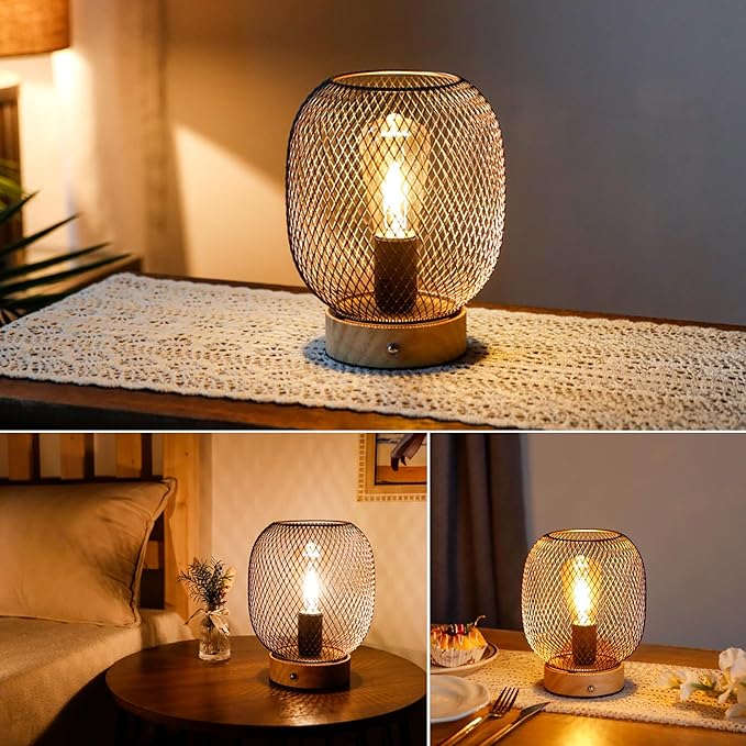 JHY DESIGN Dimmable Touch Bedside Table Lamp Metal Cage Rechargeable Battery Powered Lamp with LED Bulb for Weddings Parties Patio Events for Indoors Outdoors(Round, Wooden Base)