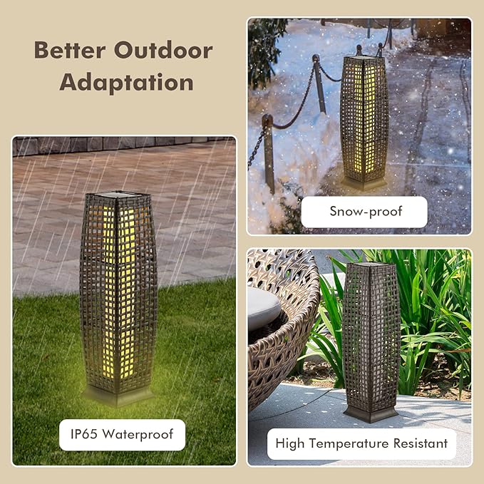 Tangkula 2-Piece Outdoor Solar Powered Floor Lamps, IP65 Waterproof Wicker Floor Lamps with Auto On/Off LED Light, Outdoor Decorative Lanterns for Garden Patio Porch Deck Pathway (Cross-Mix Brown)