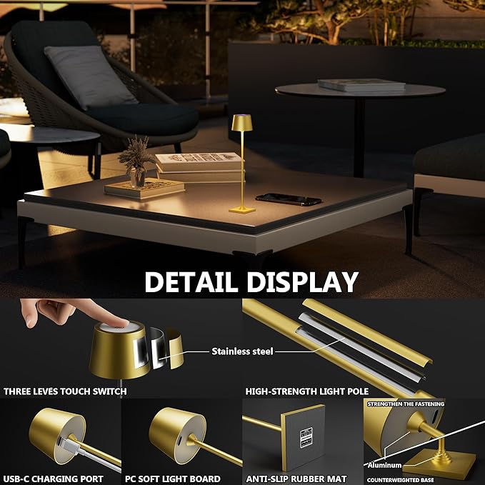 Compact Cordless Table Lamp, Rechargeable LED Night Light, Dual Light Source (RGB Top & Warm Bottom), Touch Control & Timer, Metal Lamp for Bedroom & Kids Room (Golden 1-Pack)