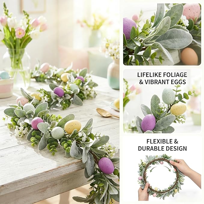 6FT Easter Egg Garlands with Lights for Mantle Artificial Colorful Spring Floral Eucalyptus Garland with LED 3 AA Battery Powered for Home Decoration Indoor Outdoor