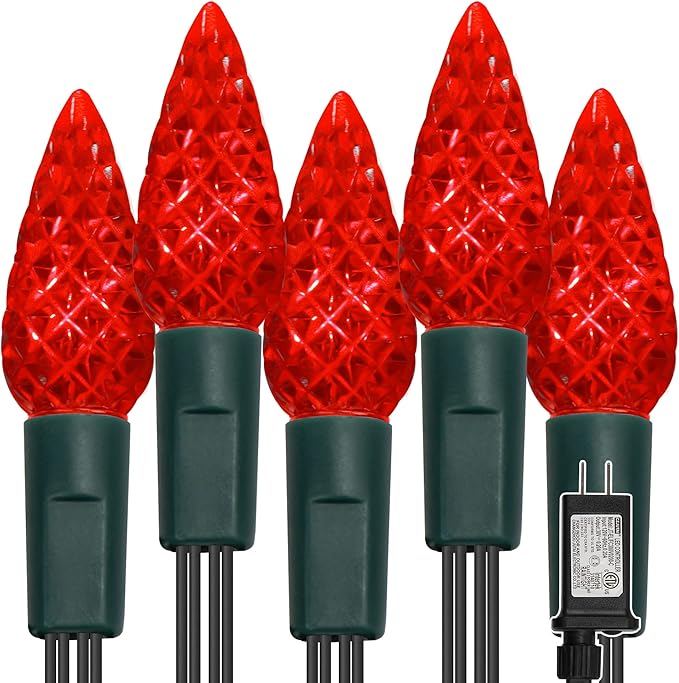 WATERGLIDE C6 Christmas Lights, 33ft 100 LED Faceted String Lights Green Wire Valentines Fairy Lights with 29V Adaptor, 8 Lighting Mode, Waterproof for Indoor Outdoor Patio Xmas Tree Party Decor, Red