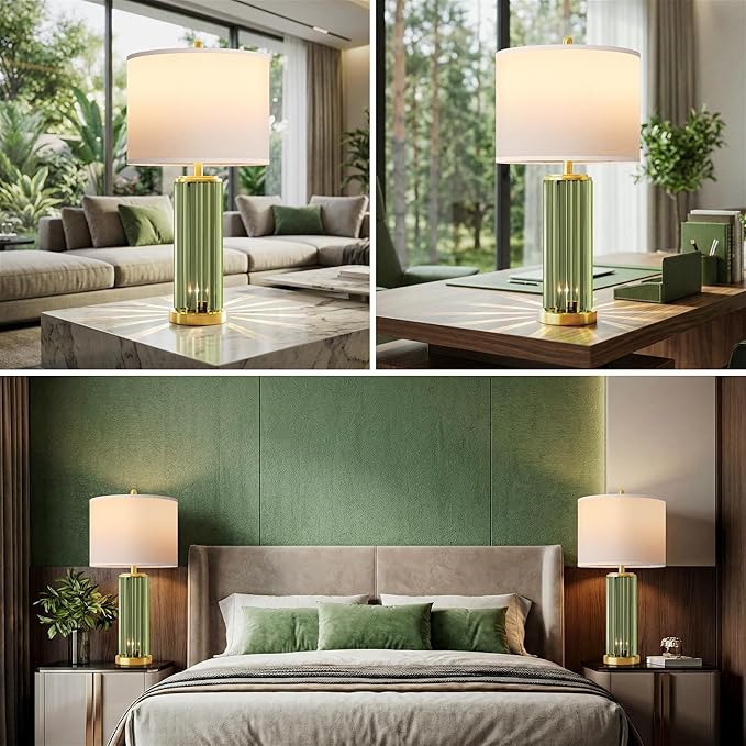 QiMH Gold Table Lamps for Bedroom Set of 2 with Nightlight, Modern Bedside Lamp with USB A+C Charging Port, Green Nightstand Lamp for Living Room White Shade, 2 Bulbs Included