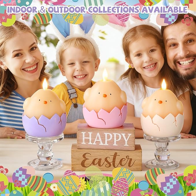 3PCS Easter Hatching Chick Flameless Candles – Easter Candles with Remote, Battery Operated LED Egg Candles in Pink Purple Ivory, Flickering Flame & Timer for Spring Table Centerpiece, Home