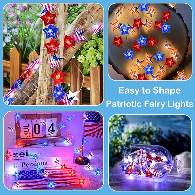ITICdecor 4th of July Decoration 30 LED Star String Lights Battery Operated with Timer Patriotic Star Fairy Lights for Independence Day President Day Memorial Day Indoor Outdoor Décor