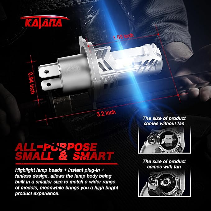 Katana H4 Light Bulbs | 9003 Fog Light Bulbs Fanless Wireless Super Bright 6500K Xenon White Fog Light, Pack of 2