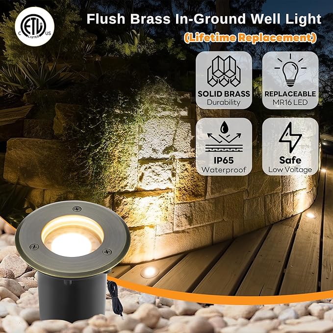 Gardenreet Landscape Well Lights Brass - Electric Hardwired Ip65 Low Voltage In Ground Lighting, LED 12V Waterproof Directional Fixture, Antique Bronze for Tree Wall Pathway Without MR16 Bulb