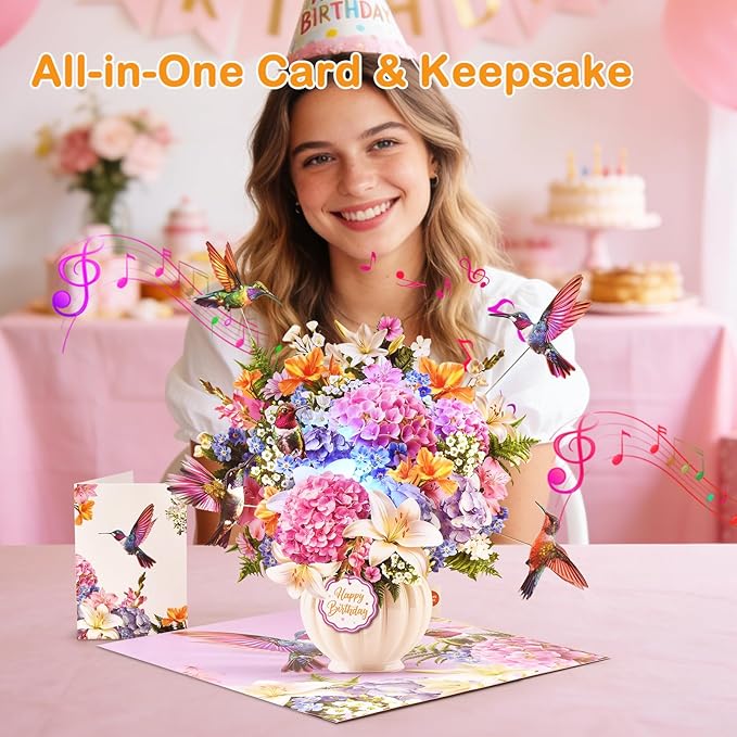 Pop Up Birthday Card with Music & Lights, 3D Pull-Out Flying Hummingbird Flower Bouquet Greeting Card, Elegant Floral Birthday Keepsake Gift with Envelope for Women Wife Mom Sister Friends Her