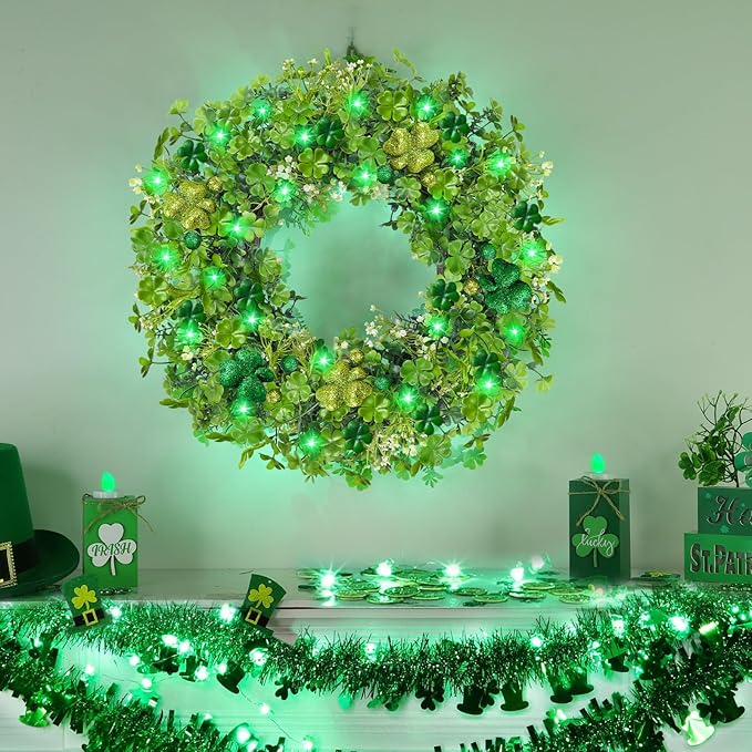 Thick & Timer - St Patricks Day Decorations, 18 Inch St Patricks Day Shamrock Wreaths for Front Door with 20 Green Lights Glitter Clover Berries Spring Wreath Irish St. Patrick's Day Door Decorations