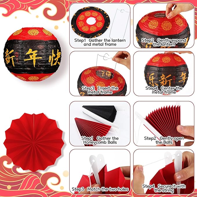 Retisee 18 Pcs 2026 Chinese Lunar New Year Decorations Lunar New Year Paper Lanterns Hanging Paper Fans Red and Black Honeycomb Balls Chinese Lanterns Asian Decor for Spring Festival Celebration