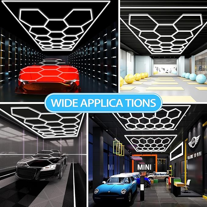 LED Hexagon Garage Light - Super Bright Car Detailing Shop LED Garage Lights, Hexagon Ceiling Lighting System for Home Gym Workshop Basement Warehouse