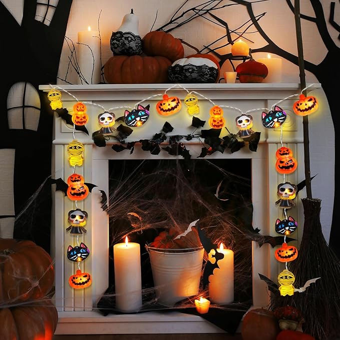 Halloween Decorations 20LED 9.8FT Pumpkin String Lights Batteries Operated Battery String Lights Outdoor Indoor Orange Pumpkin White Ghosts Vampires Mummies Halloween Party Decorations