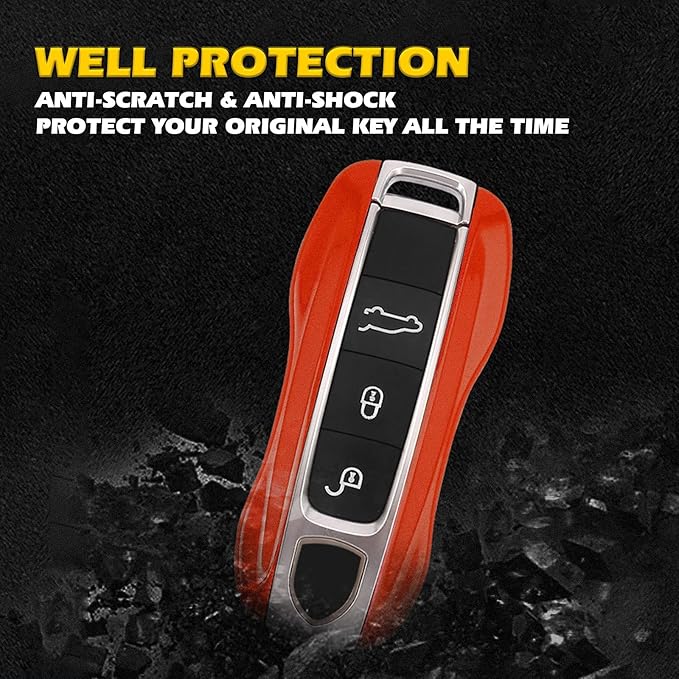 x xotic tech Orange Fiber Style Key Fob Cover Smart Remote Case Side Blades Shell, Compatible with 2017-up Porsche Panamera, 2019-up Porsche Cayenne G2, 2020-up 911 Carrera Taycan