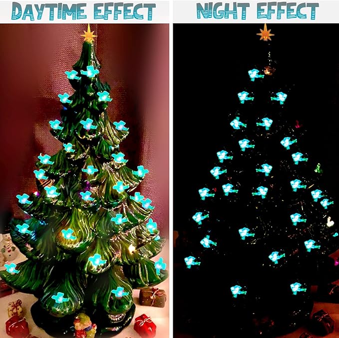 117Pcs Ceramic Christmas Tree AquaBlue Robin Bird Replacement Lights Bulbs and 1 Angel/3Stars Topper Ornament for Ceramic Tree Décor - Medium Plastic Pegs.