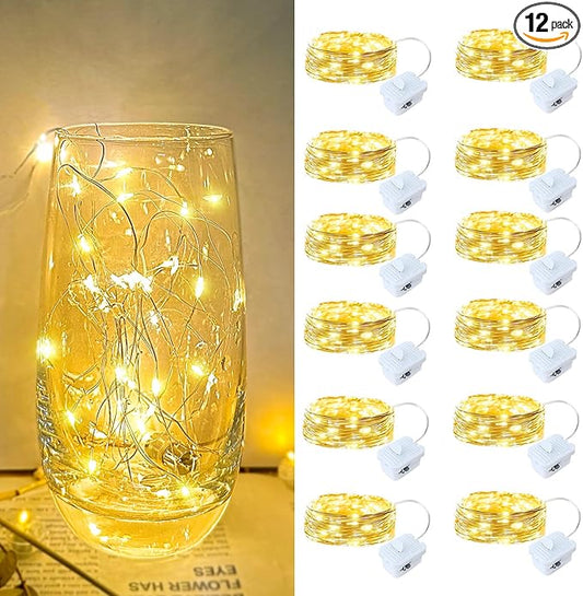12 Pack Led Fairy Lights - Warm White, Battery Operated LED Silver Wire String Lights, 7FT 20LED Mini Firefly Starry String Lights Waterproof Led Twinkle Lights for Mason Jar DIY Christmas Decor