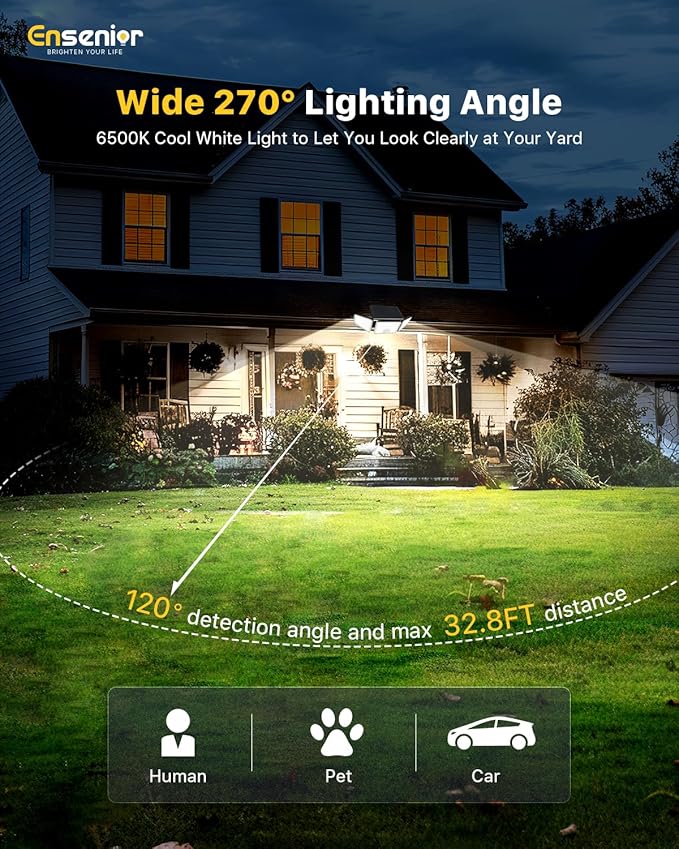 Ensenior Motion Sensor Outdoor Lights, 220 LED IP65 Waterproof Solar Security Light with Remote Control, 3 Heads Solar Flood Light Outdoor with 4 Modes, 270° Wide Angle Motion Light for Outside -4Pack