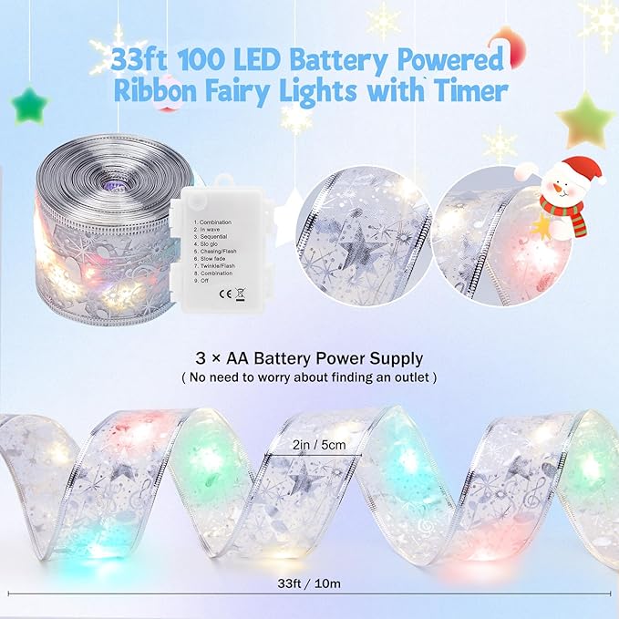 Christmas Tree Ribbon String Lights - 33ft 100 LED Battery Powered Fairy Lights with Timer and 8 Lighting Mode, Ribbon Bow Light for 6ft - 8ft Christmas Tree New Year Decor, Silver Ribbon, Multi-color