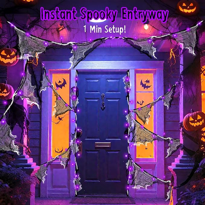 Halloween Lights Battery Operated or USB, Creepy Cloth String Lights with Timer Waterproof 9.8ft 30LED Purple String Lights Halloween Decortions for Fireplace Window Door Mirror